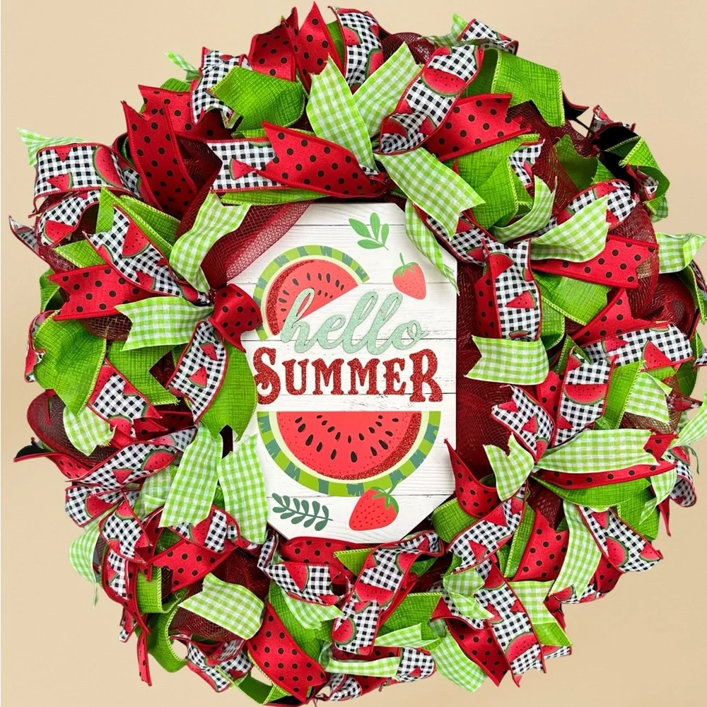Handmade 26” Hello Summer Handmade Watermelon Deco Mesh Wreath Door Decor